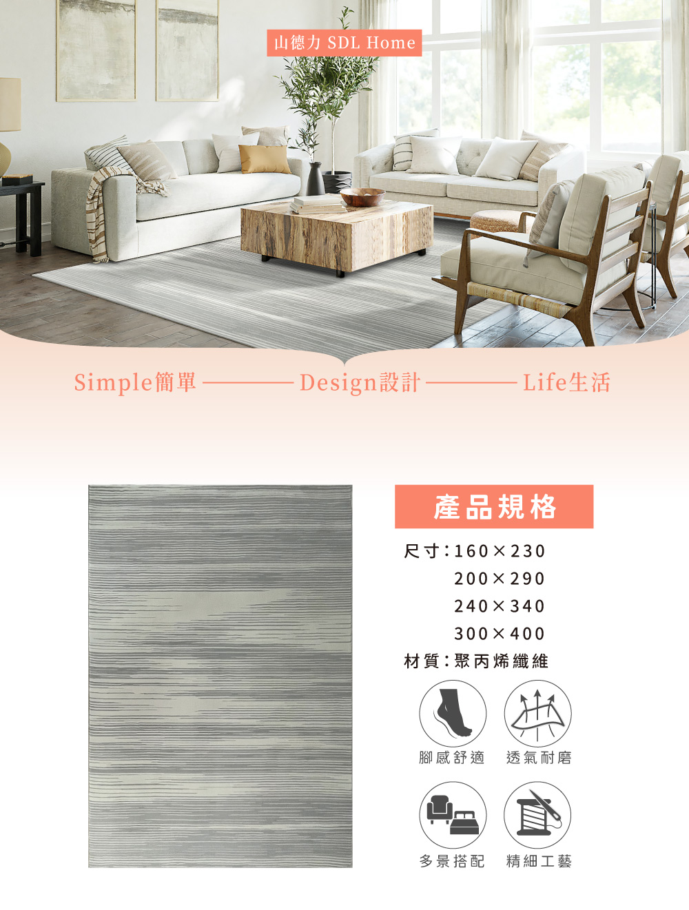 SDL Home 山德力 簡約風地毯 300X400cm杰安