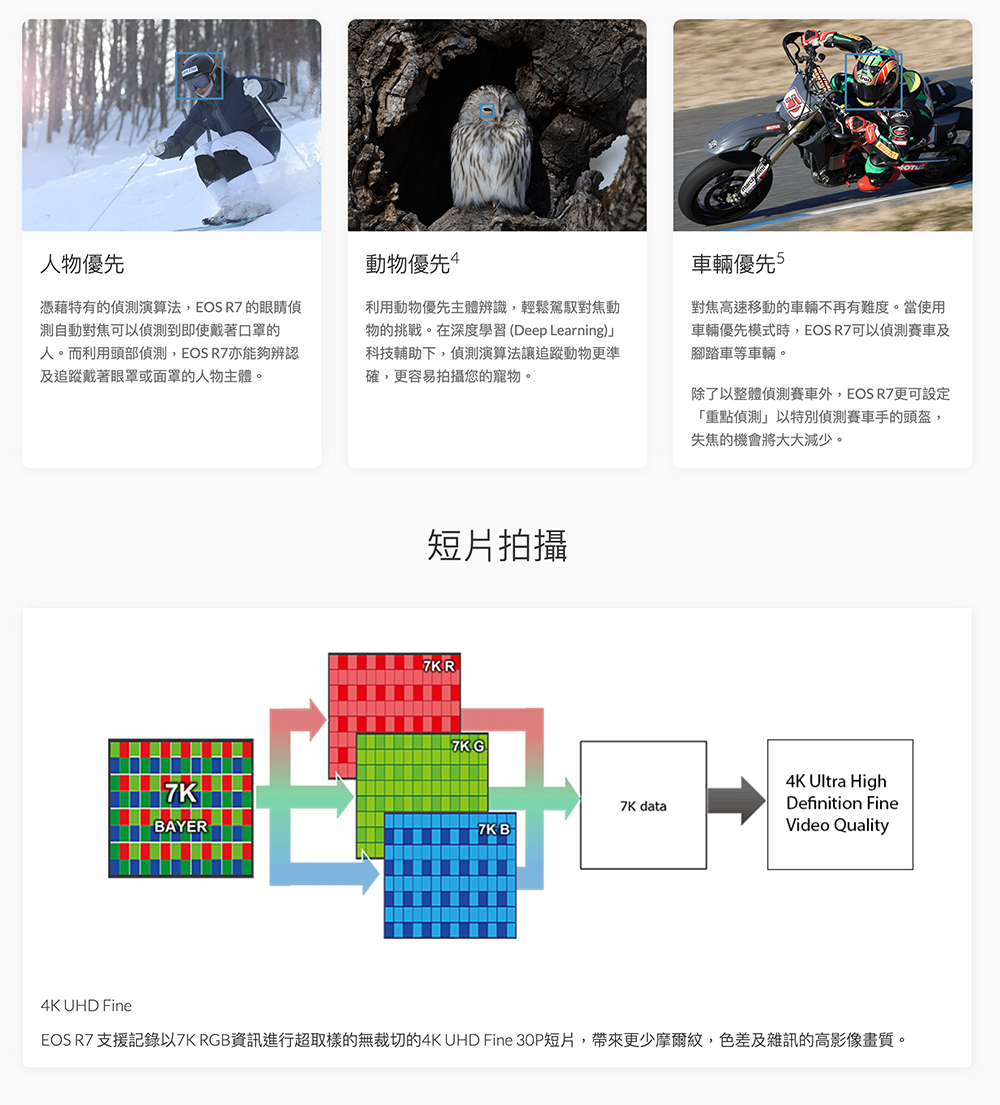 EOS R7 支援記錄以7K RGB資訊進行超取樣的無裁切的4K UHD Fine 30P短片,帶來更少摩爾紋,色差及雜訊的高影像畫質。