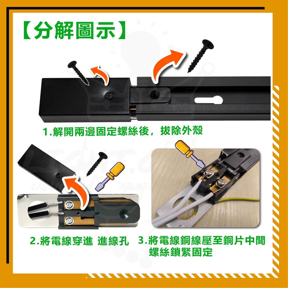 分解圖示 1.解開兩邊固定螺絲後,拔除外殼 2.將電線穿進 進線孔 3.將電線銅線壓至銅片中間 螺絲鎖緊固定