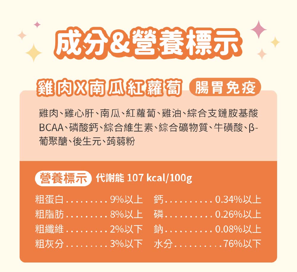 BCAA、磷酸鈣、綜合維生素、綜合礦物質、牛磺酸、B