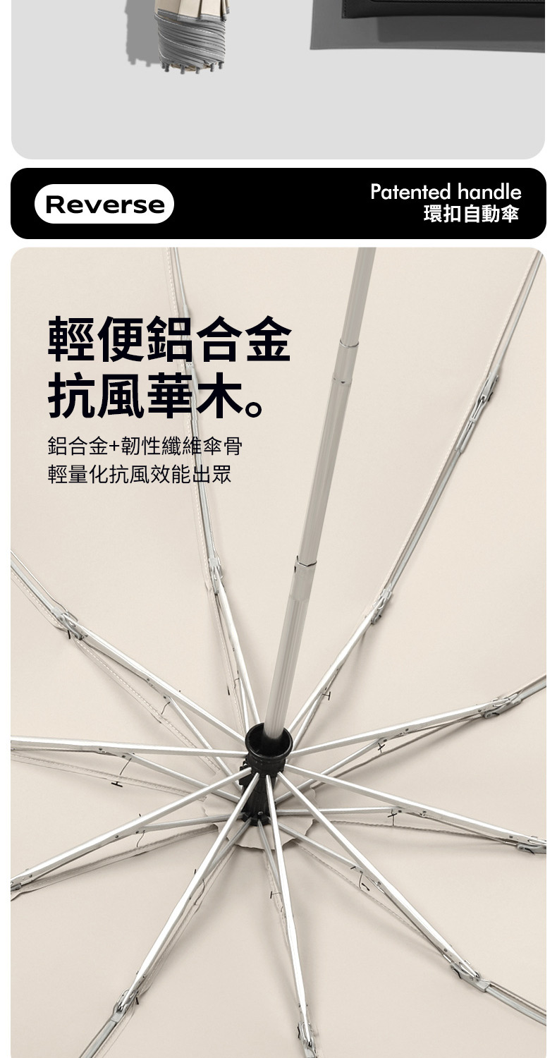 輕便鋁合金 抗風華木。 鋁合金韌性纖維傘骨 輕量化抗風效能出眾 環扣自動傘 
