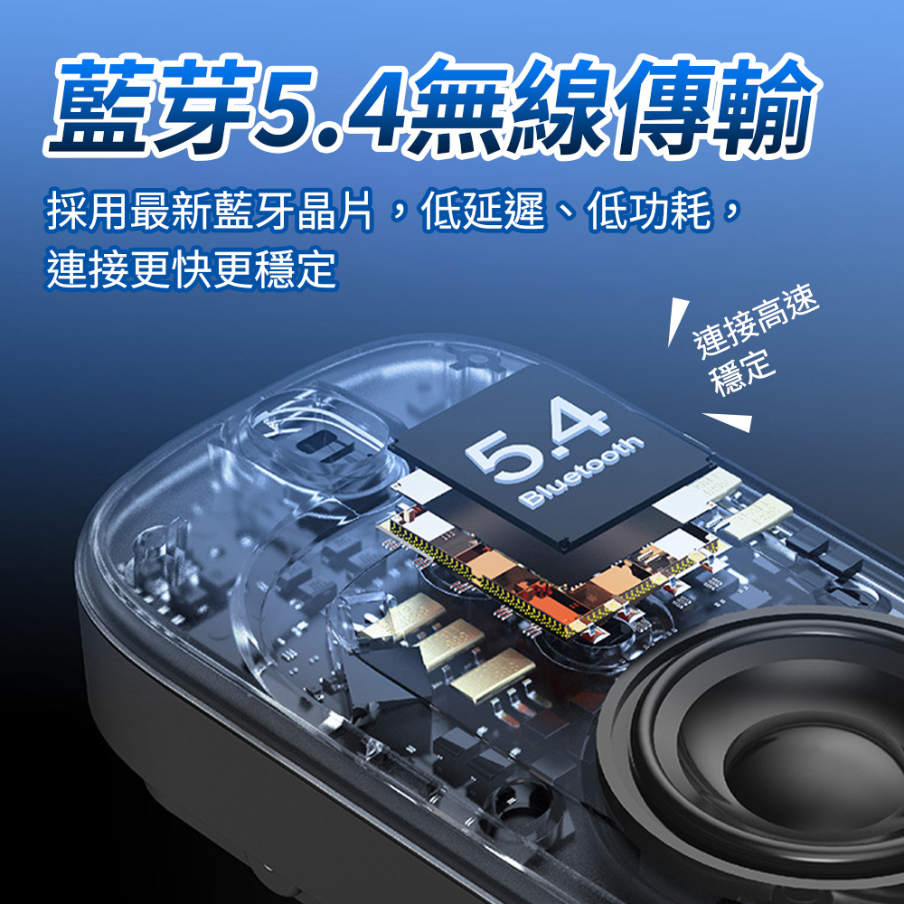 藍芽5.4無線傳輸 採用最新藍牙晶片,低延遲、低功耗, 連接更快更穩定 連接高速 穩定 