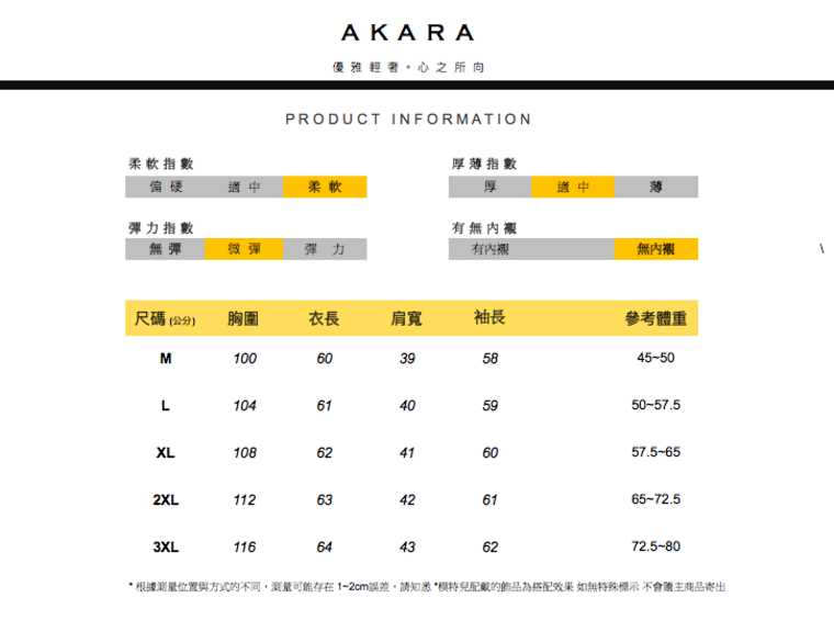 根據測量位置與方式的不同,測量可能存在12cm誤差,請知悉模特兒配戴的飾品為搭配效果如無特殊標示不會隨主商品寄出