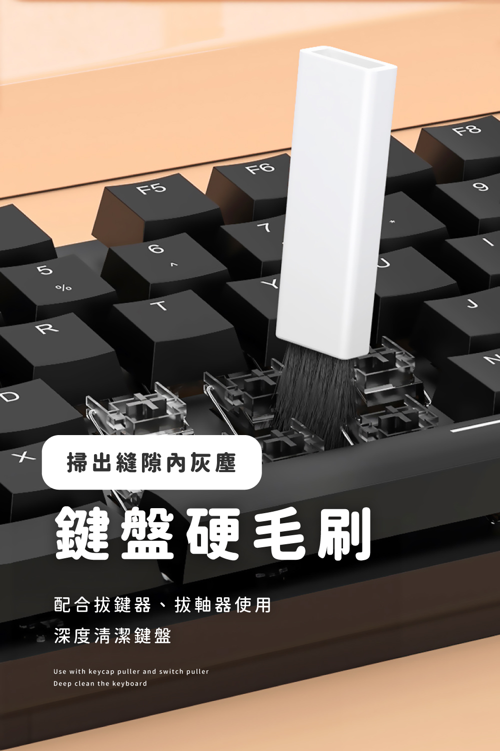 掃出縫隙內灰塵 鍵盤硬毛刷 配合拔鍵器、拔軸器使用 深度清潔鍵盤 