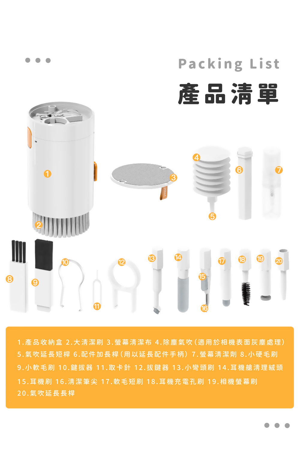 9.小軟毛刷 10.鍵拔器11.取卡針12.拔鍵器 13.小彎頭刷 14.耳機艙清理絨頭