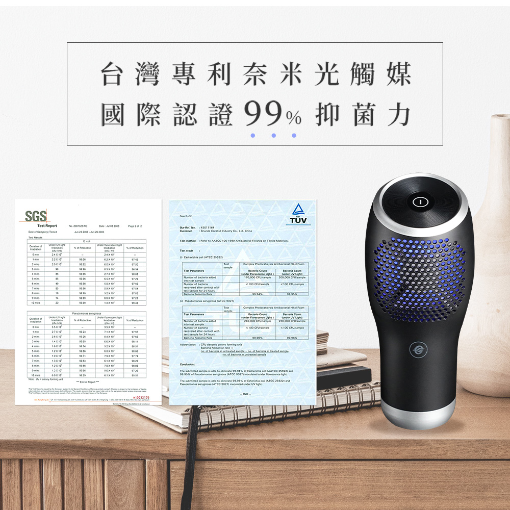 台灣專利奈米光觸媒 國際認證99%抑菌力 