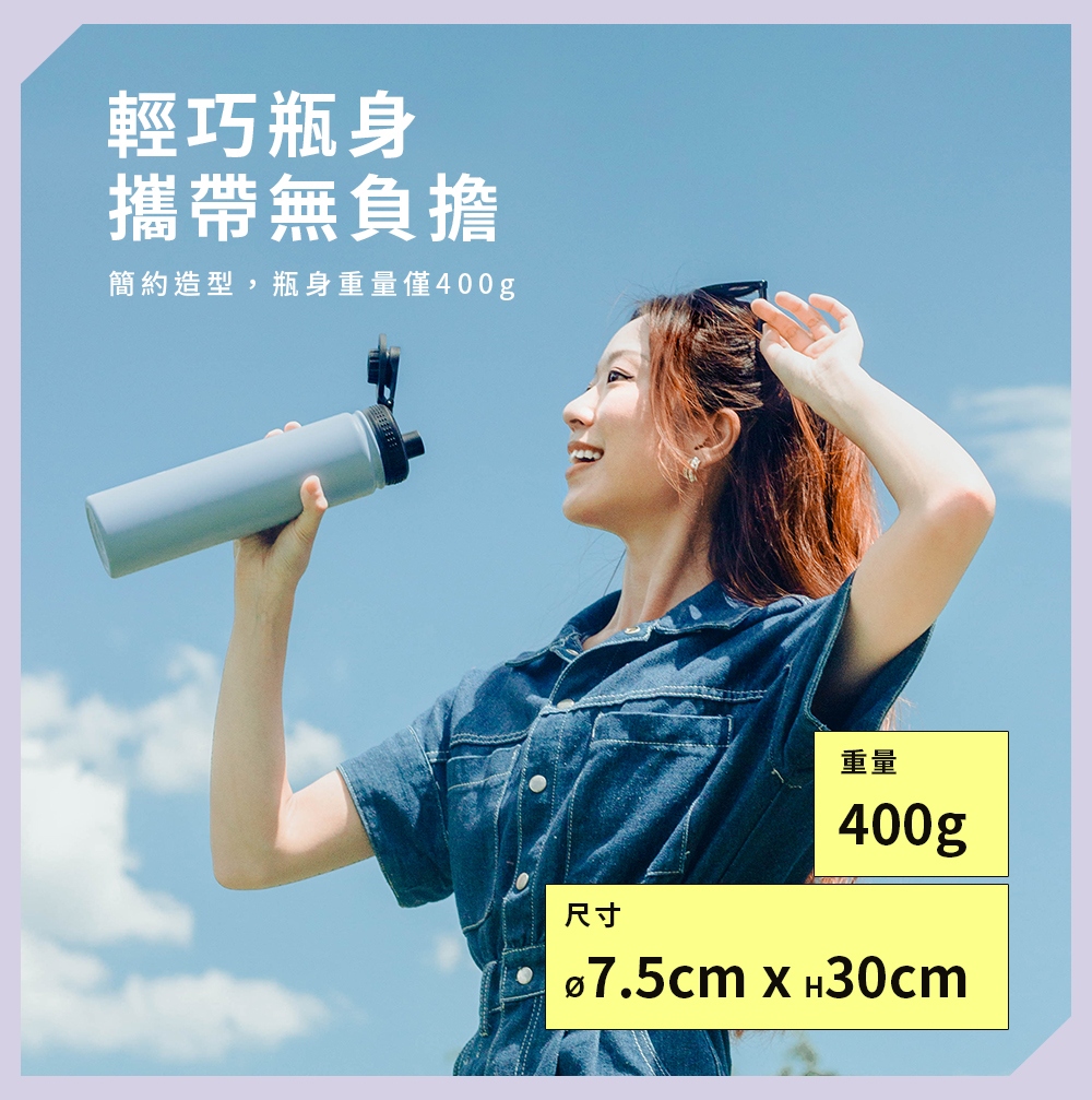 輕巧瓶身 攜帶無負擔 簡約造型,瓶身重量僅400g 尺寸 重量