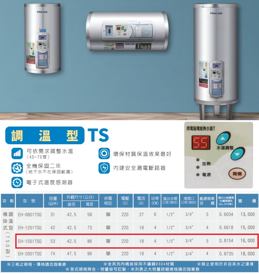 HMK 鴻茂 調溫型橫掛式儲熱式電能熱水器 15加侖(EH-