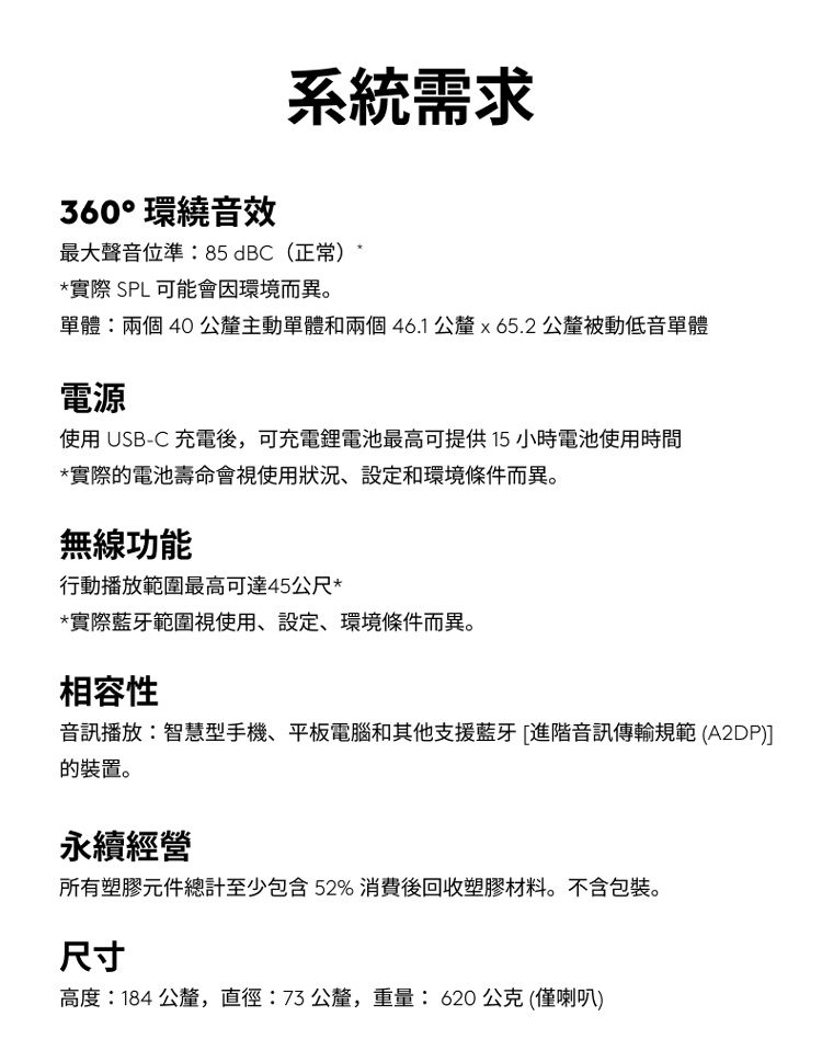 單體兩個 40 公釐主動單體和兩個46.1公釐x65.2公釐被動低音單體