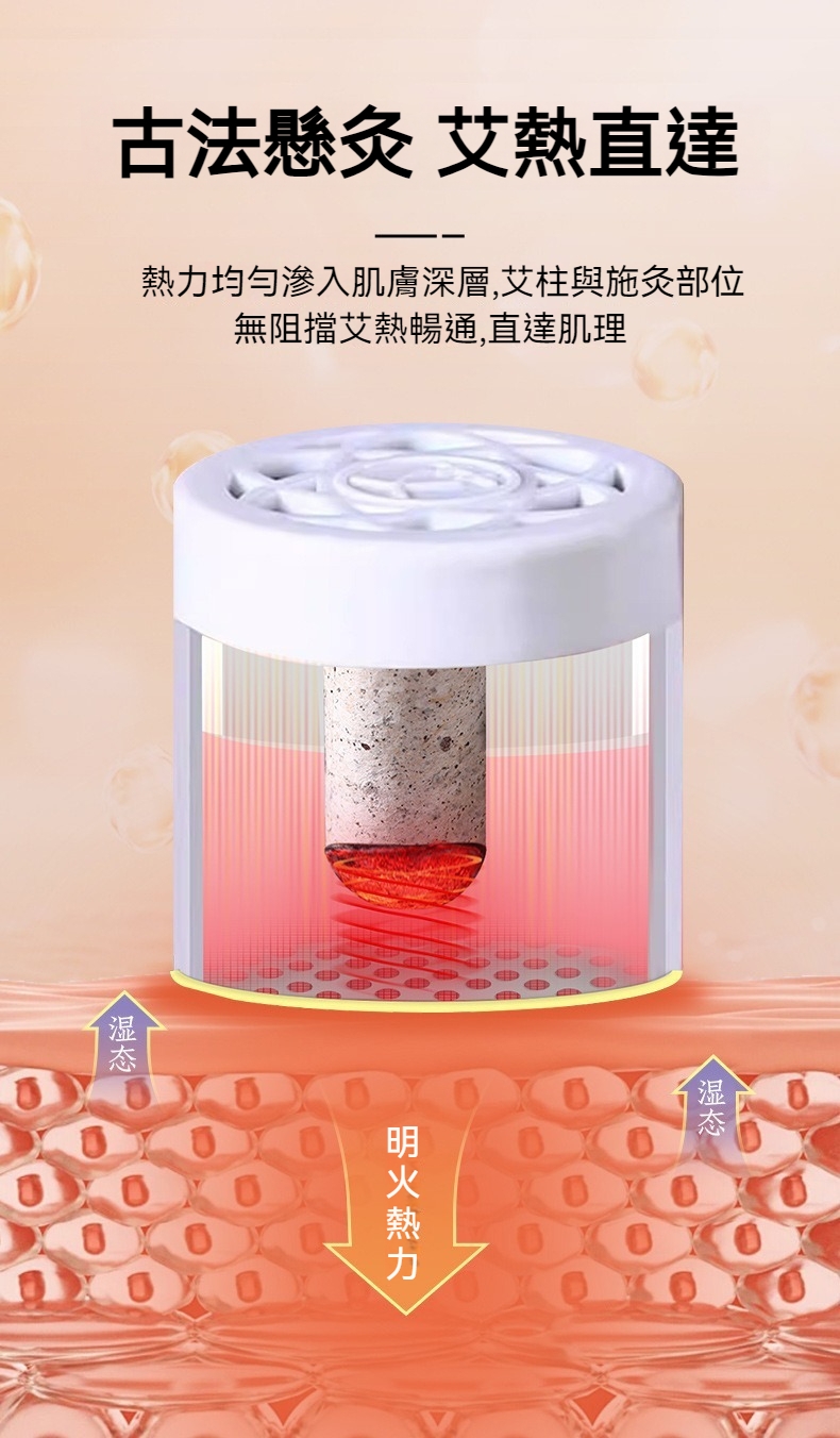 古法懸灸 艾熱直達 熱力均匀渗入肌膚深層,艾柱與施灸部位 無阻擋艾熱暢通,直達肌理 湿态 