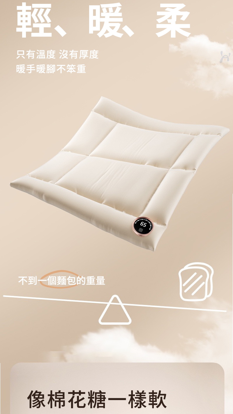 輕、暖、柔、 只有溫度 沒有厚度 暖手暖腳不笨重 不到一個麵包的重量 像棉花糖一樣軟 