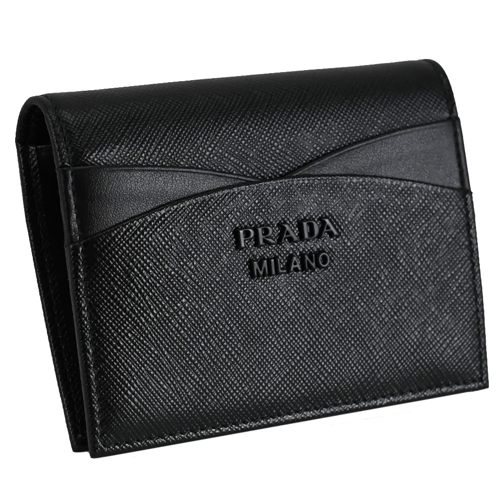 PRADA 普拉達 簡約金屬LOGO防刮皮革對折扣式零錢短夾