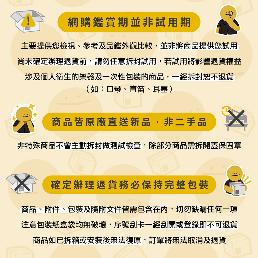 尚未確定辦理退貨前,請勿任意拆封試用,若試用將影響退貨權益