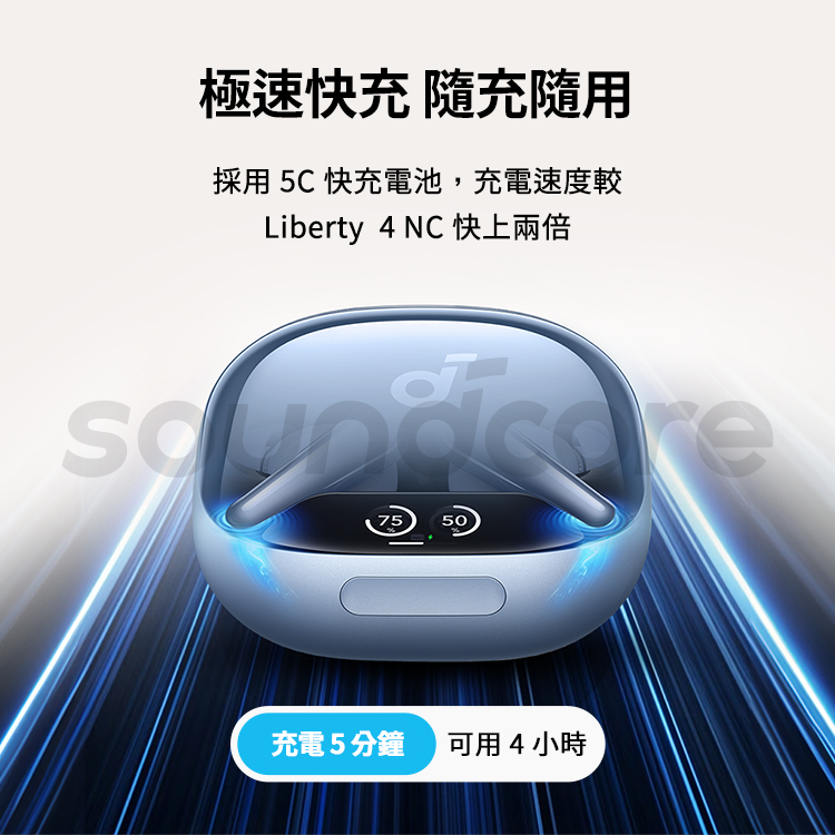 極速快充 隨充隨用 採用 5C快充電池,充電速度較 Liberty 4 NC 快上兩倍 充電5分鐘可用4小時
