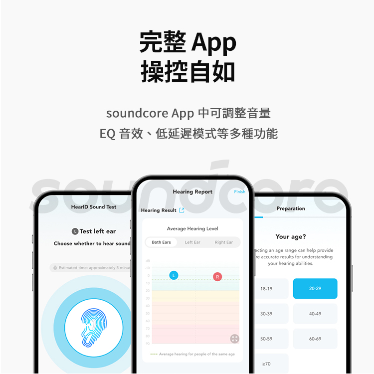 完整 App 操控自如 soundcore App 中可調整音量 EQ 音效、低延遲模式等多種功能