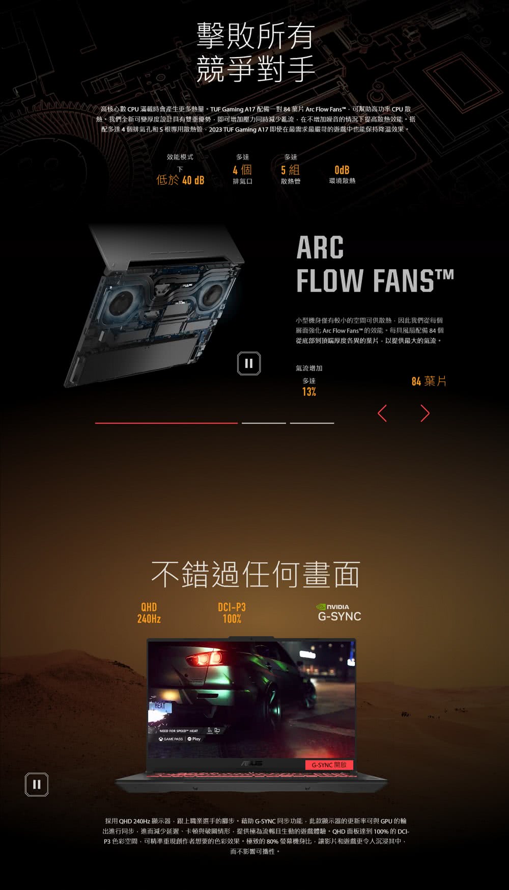 高核心數 CPU 滿載時會產生更多熱量。TUF Gaming A17 配備一對 84 葉片 Arc Flow Fans,可幫助高功率 CPU 散