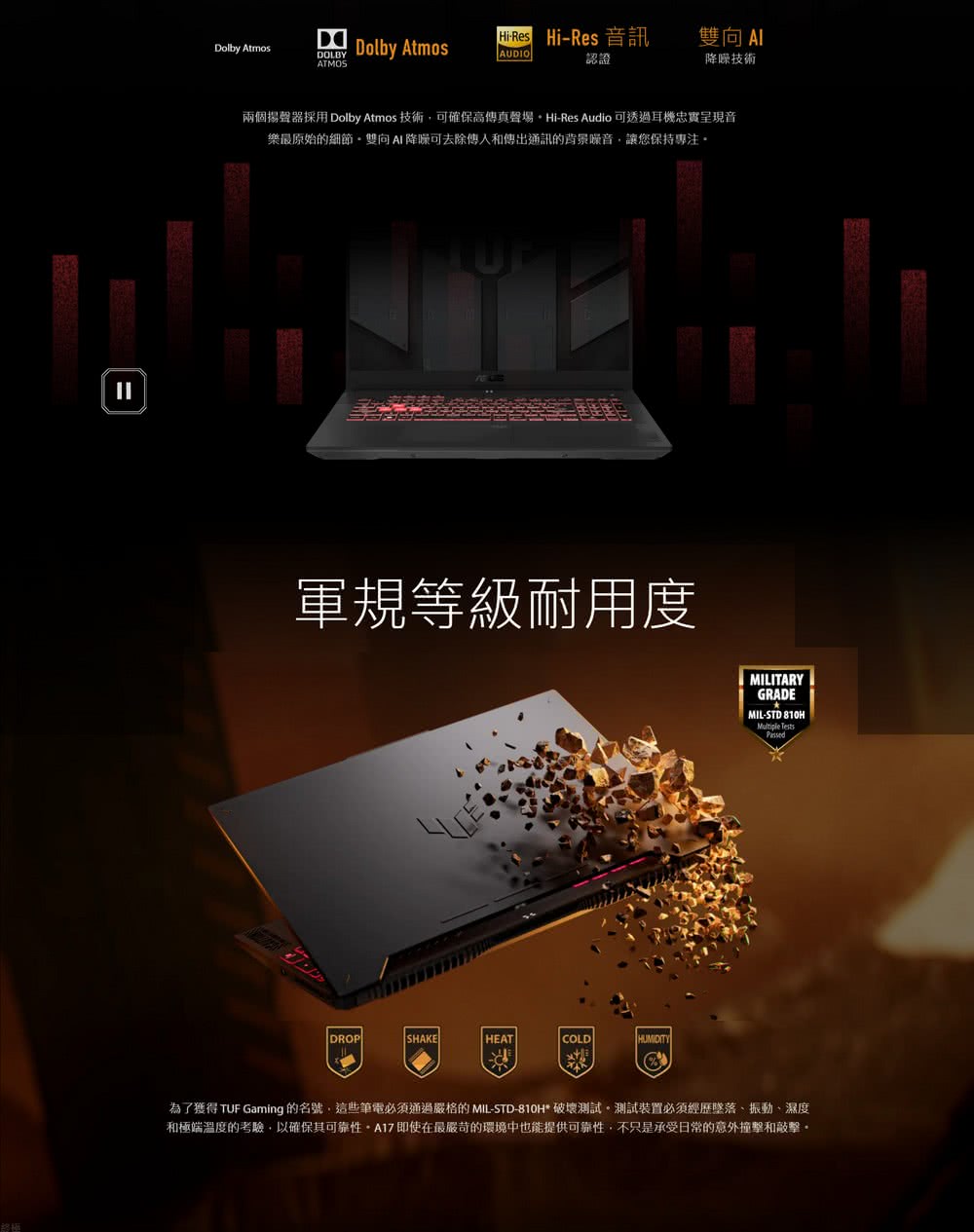 為了獲得TUF Gaming 的名號,這些筆電必須通過嚴格的MILSTD810H 破壞測試。測試裝置必須經歷墜落、振動、濕度