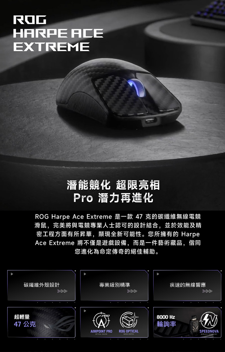 ROG Harpe Ace Extreme 是一款47 克的碳纖維無線電競