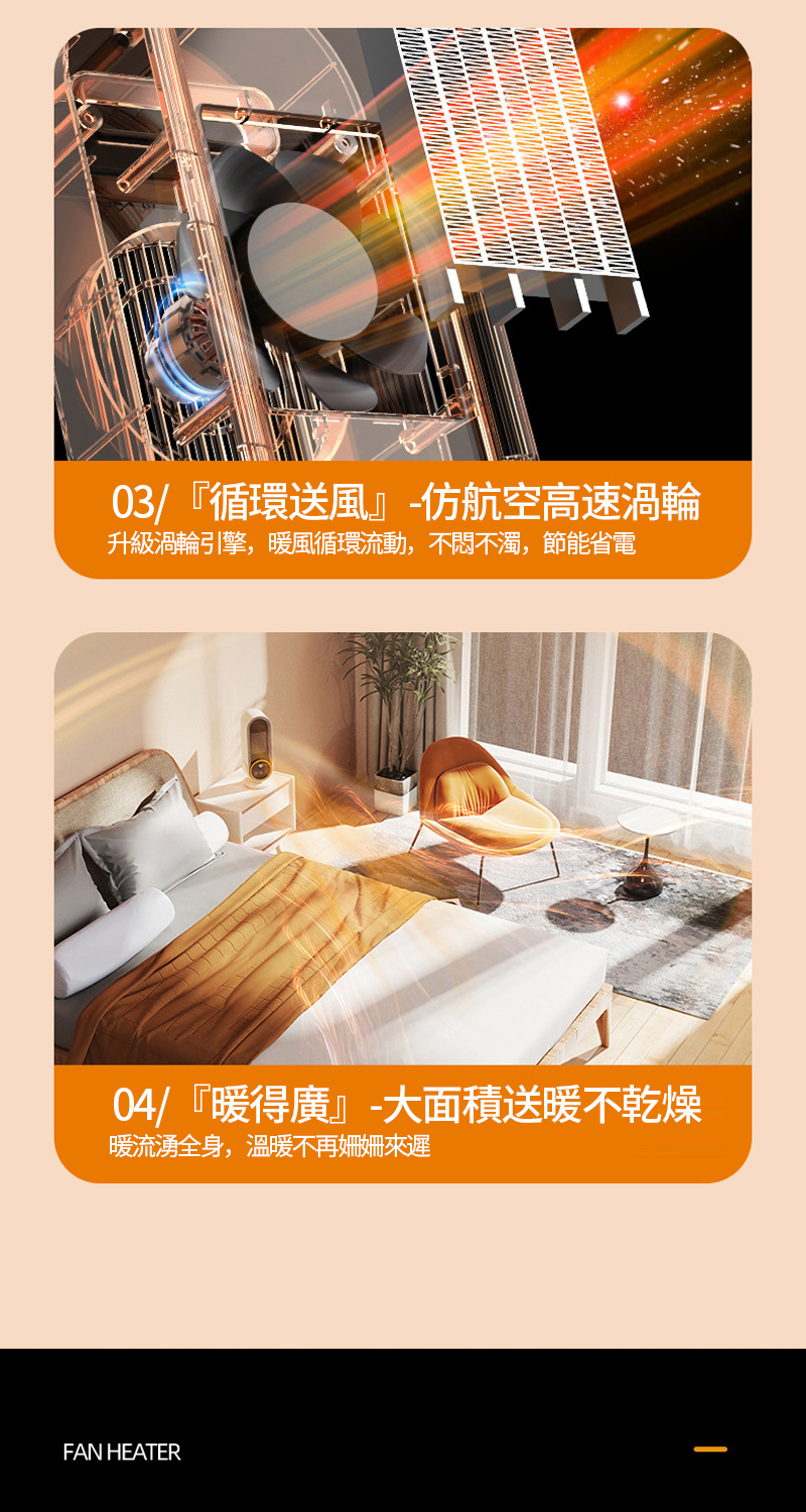03循環送風仿航空高速渦輪 升級渦輪引擎,暖風循環流動,不悶不濁,節能省電 04暖得廣大面積送暖不乾燥 暖流湧全身,溫暖不再姍姍來遲 