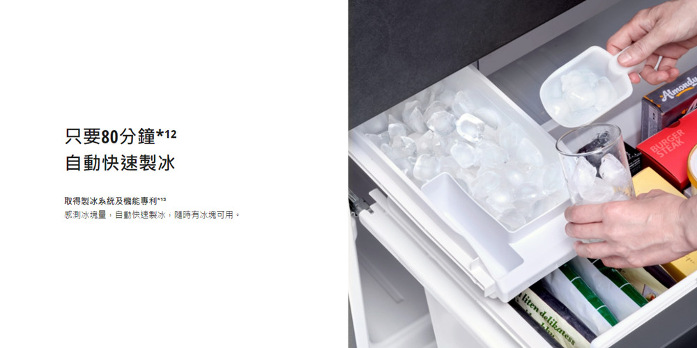 只要80分鐘12 自動快速製冰 取得製冰系統及機能專利13 感測冰塊量,自動快速製冰,隨時有冰塊可用。 