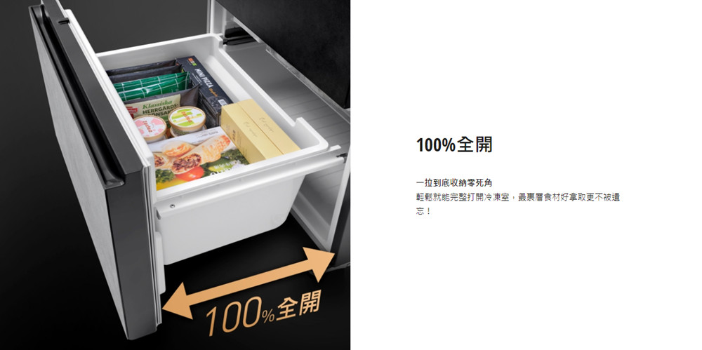 100%全開 100%全開 一拉到底收納零死角 輕鬆就能完整打開冷凍室,最裏層食材好拿取更不被遺 
