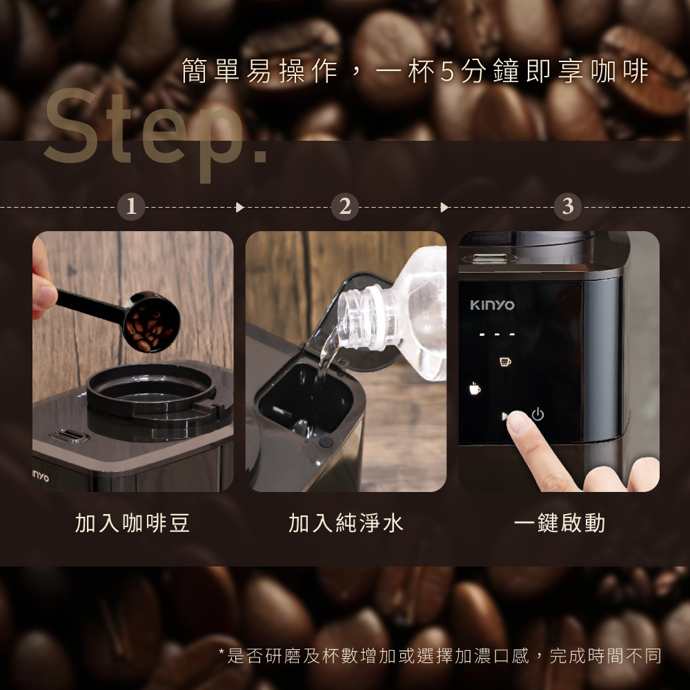簡單易操作,一杯5分鐘即享咖啡 加入咖啡豆 加入純淨水 一鍵啟動 是否研磨及杯數增加或選擇加濃口感,完成時間不同 