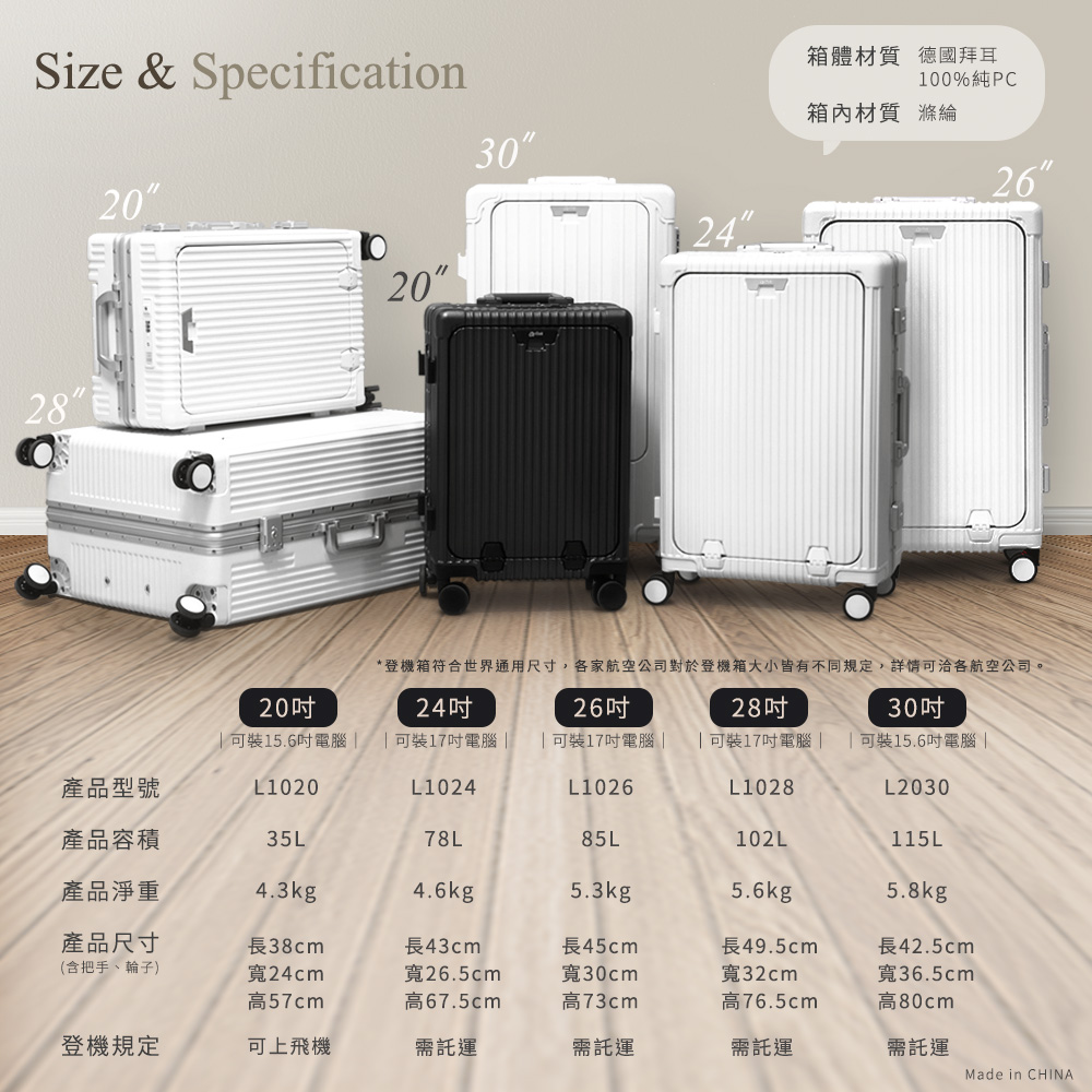 登機箱符合世界通用尺寸,各家航空公司對於登機箱大小皆有不同規定,詳情可洽各航空公司。