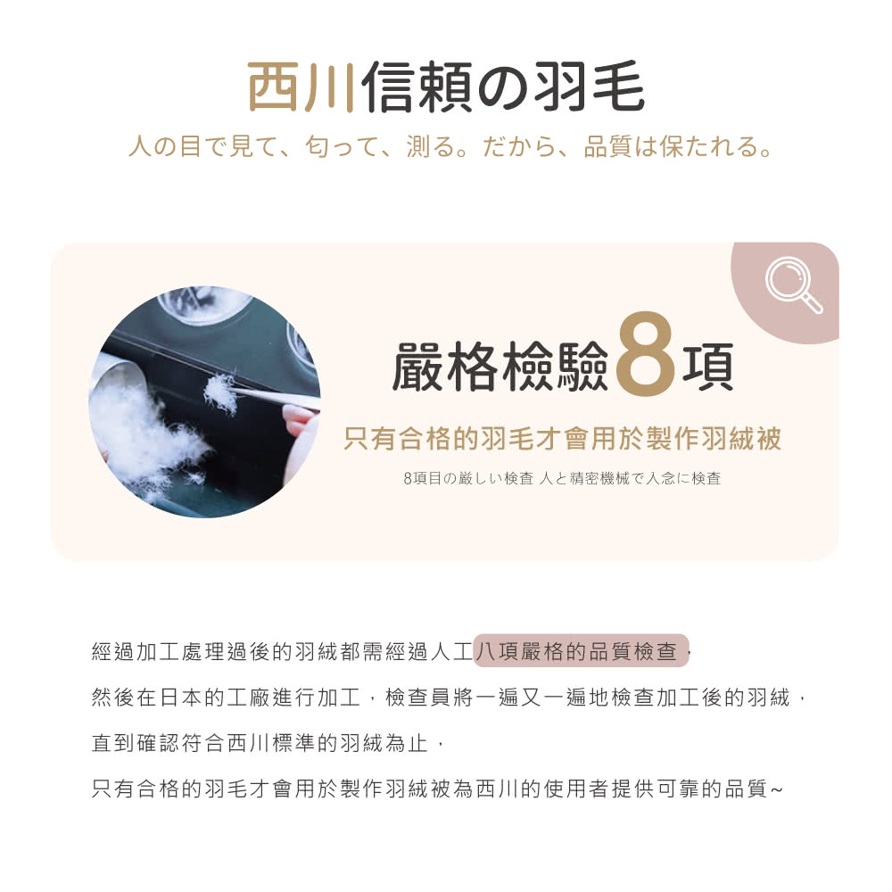 然後在日本的工廠進行加工,檢查員將一遍又一遍地檢查加工後的羽絨,