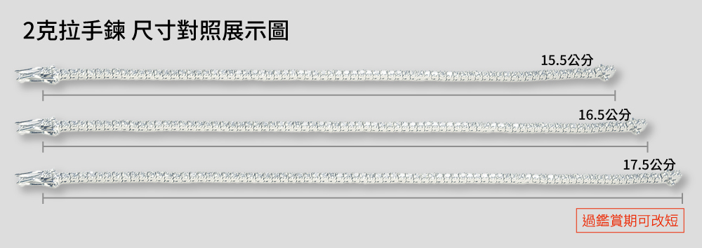 2克拉手鍊 尺寸對照展示圖 15.5公分 16.5公分 17.5公分 過鑑賞期可改短 