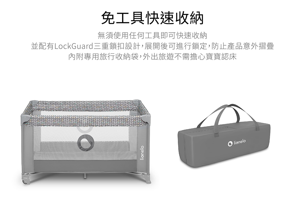 免工具快速收納 無須使用任何工具即可快速收納 並配有LockGuard三重鎖扣設計,展開後可進行鎖定,防止產品意外摺疊 內附專用旅行收納袋,外出旅遊不需擔心寶寶認床 