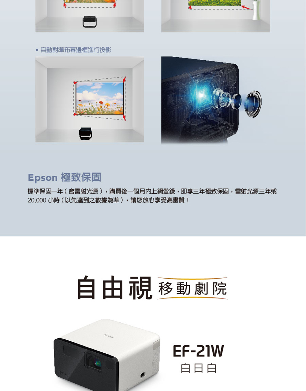 標準保固一年含雷射光源,購買後一個月內上網登錄,即享三年極致保固,雷射光源三年或