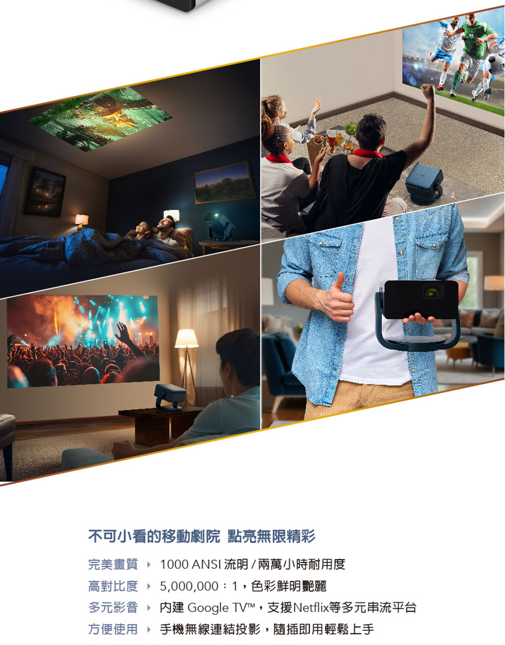 不可小看的移動劇院 點亮無限精彩 完美畫質  1000ANSI流明兩萬小時耐用度 高對比度,5,000,0001,色彩鮮明艷麗 多元影音 內建 Google TV,支援Netflix等多元串流平台 方便使用  手機無線連結投影,隨插即用輕鬆上手 