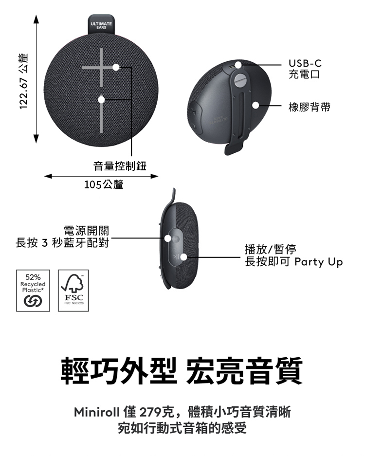 Miniroll 僅 279克,體積小巧音質清晰