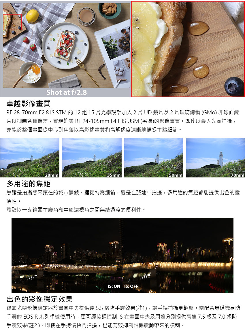 RF 2870mm F2.8 IS STM 的 12 組15片光學設計加入2片UD鏡片及2片玻璃鑄模GMo 非球面鏡