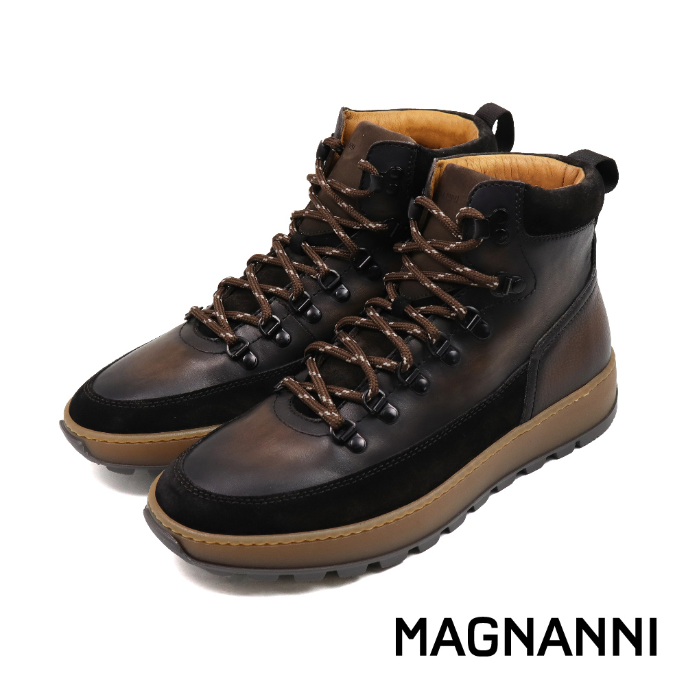 MAGNANNI 西班牙手染厚底拼接造型中筒靴 深棕色(25