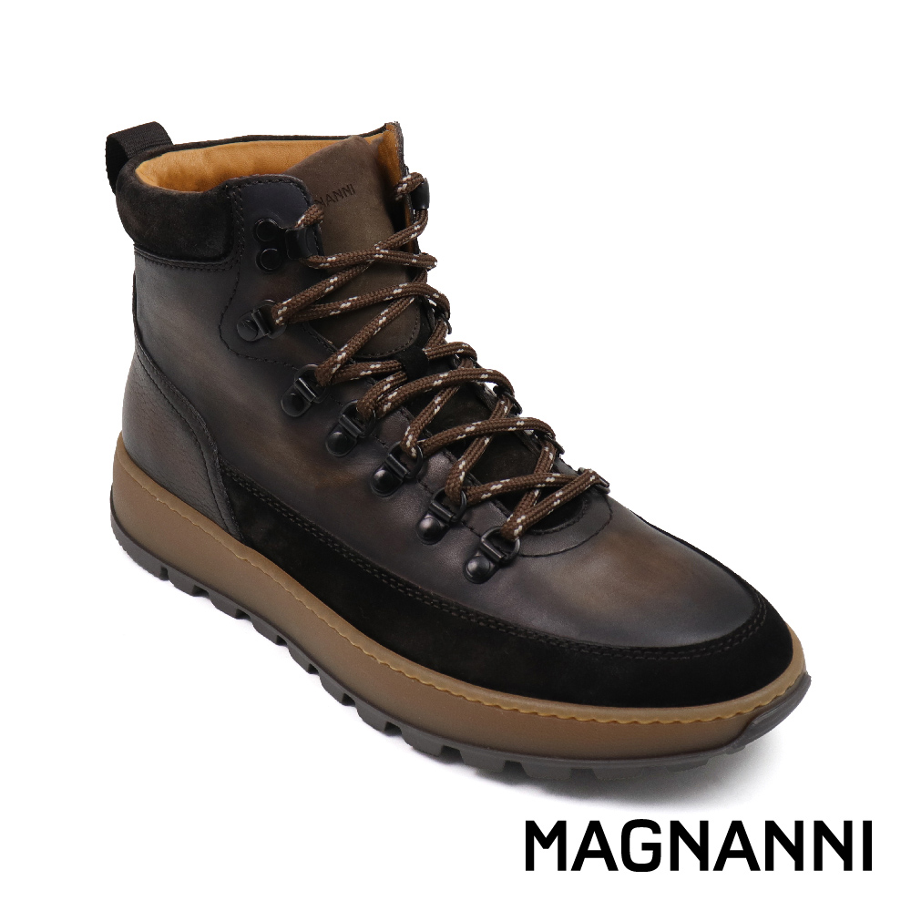 MAGNANNI 西班牙手染厚底拼接造型中筒靴 深棕色(25