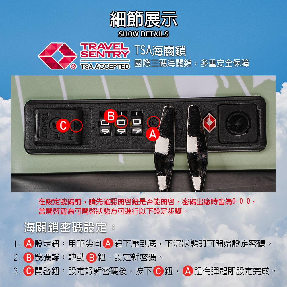 細節展示SHW DETAILSTRAVEL SENTRYTSA007TSA ACCEPTED國際三碼海關鎖多重安全保障COA在設定號碼前,請先確認是否能,密碼出廠時皆為,當開啟為可開啟狀態方可進行以下設定步驟。海關鎖密碼設定:1.A 設定:用筆尖向鈕下壓到底,下沉狀態即可開始設定密碼。號碼輪: 轉動鈕,設定新密碼。3. 開啓鈕:設定好新密碼後,按下鈕,鈕有彈起即設定完成。