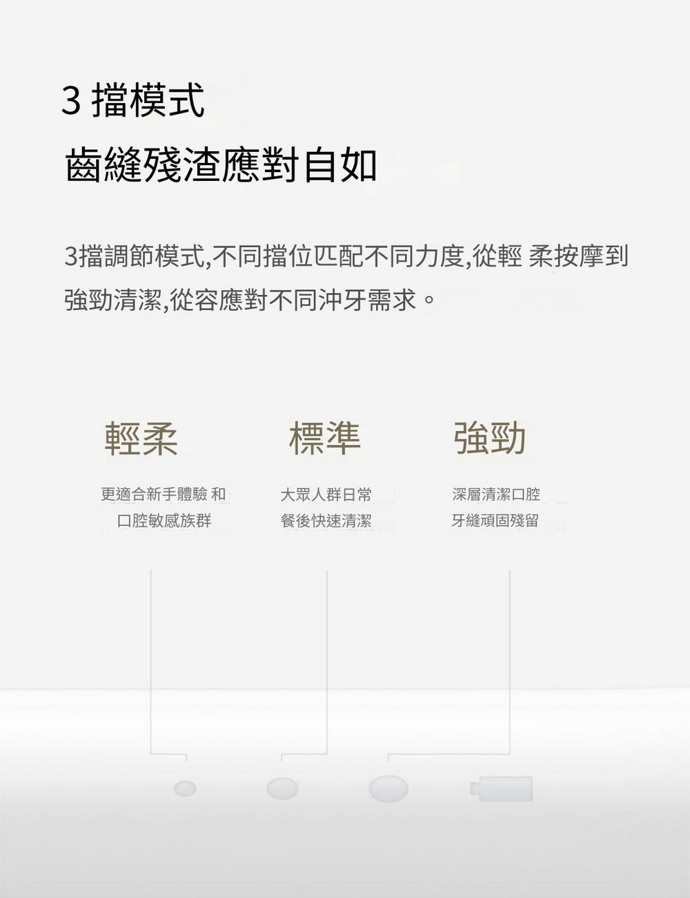 3擋調節模式,不同擋位匹配不同力度,從輕 柔按摩到