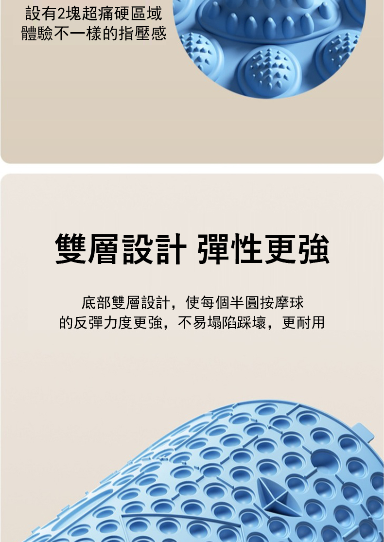 設有2塊超痛硬區域 體驗不一樣的指壓感 雙層設計 彈性更強 底部雙層設計,使每個半圓按摩球 的反彈力度更強,不易塌陷踩壞,更耐用 