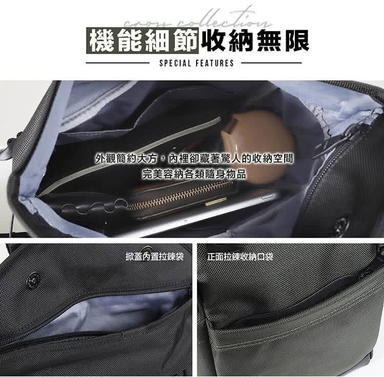 機能細節收納無限 外觀簡約大方,內裡卻藏著驚人的收納空間 完美容納各類隨身物品 掀蓋內置拉鍊袋 正面拉鍊收納口袋 