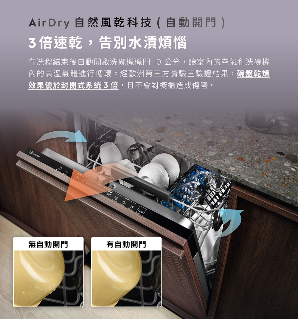在洗程結束後自動開啟洗碗機機門 10 公分,讓室內的空氣和洗碗機