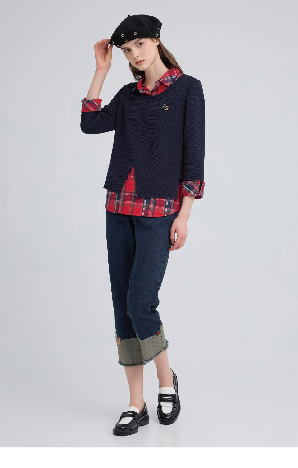 ILEY 伊蕾 撞色格紋假兩件襯衫上衣(深藍；M-2L；12