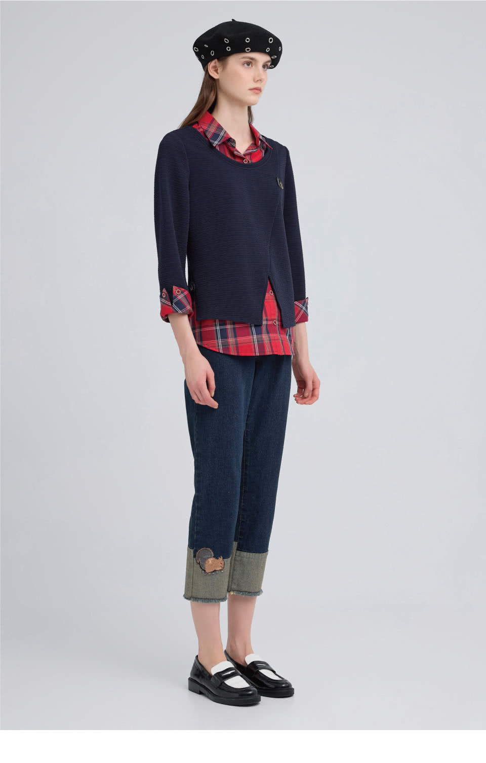 ILEY 伊蕾 撞色格紋假兩件襯衫上衣(深藍；M-2L；12