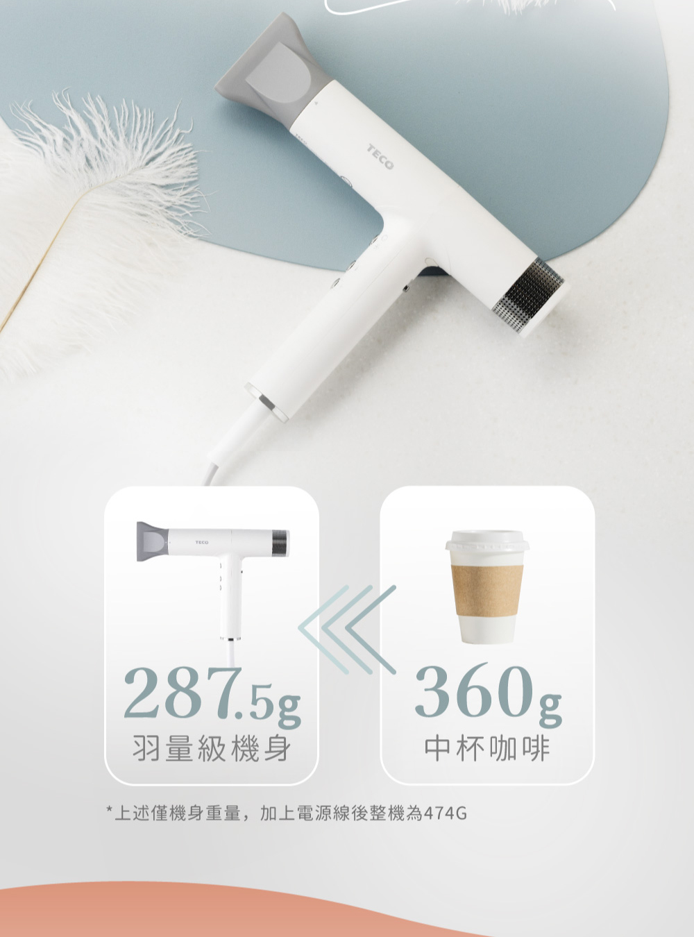 羽量級機身 中杯咖啡 上述僅機身重量,加上電源線後整機為474G 