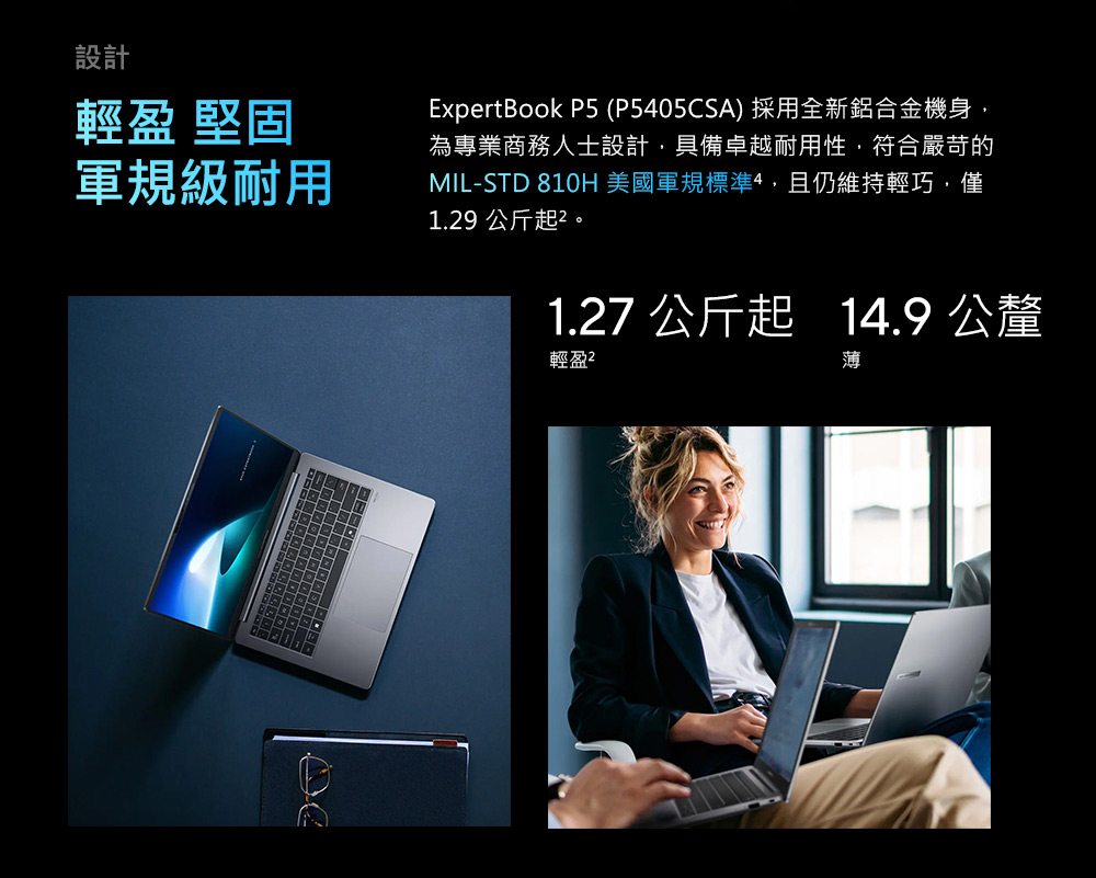 設計輕盈 堅固軍規級耐用ExpertBook P5 (P5405CSA)採用全新鋁合金機身,為專業商務人士設計,具備卓越耐用性,符合嚴苛的MIL-STD 810H 美國軍規標準,且仍維持輕巧,僅1.9 公斤起21.27 公斤起 14.9 公釐輕盈薄