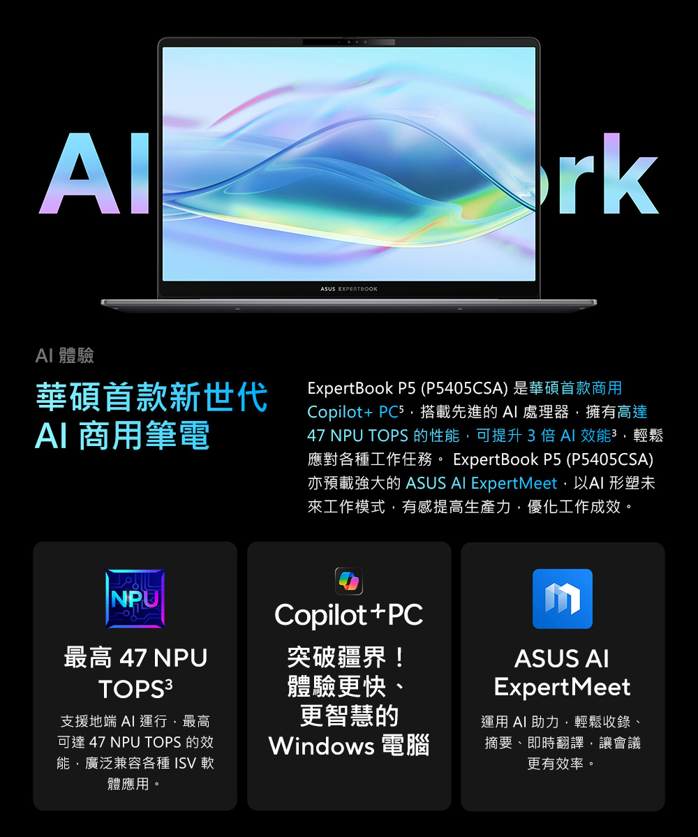 ASUS EXPERTBOOKrk 體驗華碩首款新世代 商用筆電ExpertBook P5 (P5405CSA)是華碩首款商用Copilot+ PC5搭載先進的處理器擁有高達47 NPU TOPS 的性能,可提升 效能3,輕鬆應對工作任務。 ExpertBook P5 (P5405CSA)亦預載強大的 ASUS  ExpertMeet, 形塑未來工作模式,有感提高生產力,優化工作成效。NPUCopilot+PC最高 47 NPUTOPS3突破疆界!支援地端  運行,最高可達 47 NPU TOPS 的效能,廣泛兼容各種 ISV 軟體應用。體驗更快、更智慧的Windows 電腦ASUS Expert Meet運用 AI 助力,輕鬆收錄、摘要、即時翻譯,讓會議更有效率。
