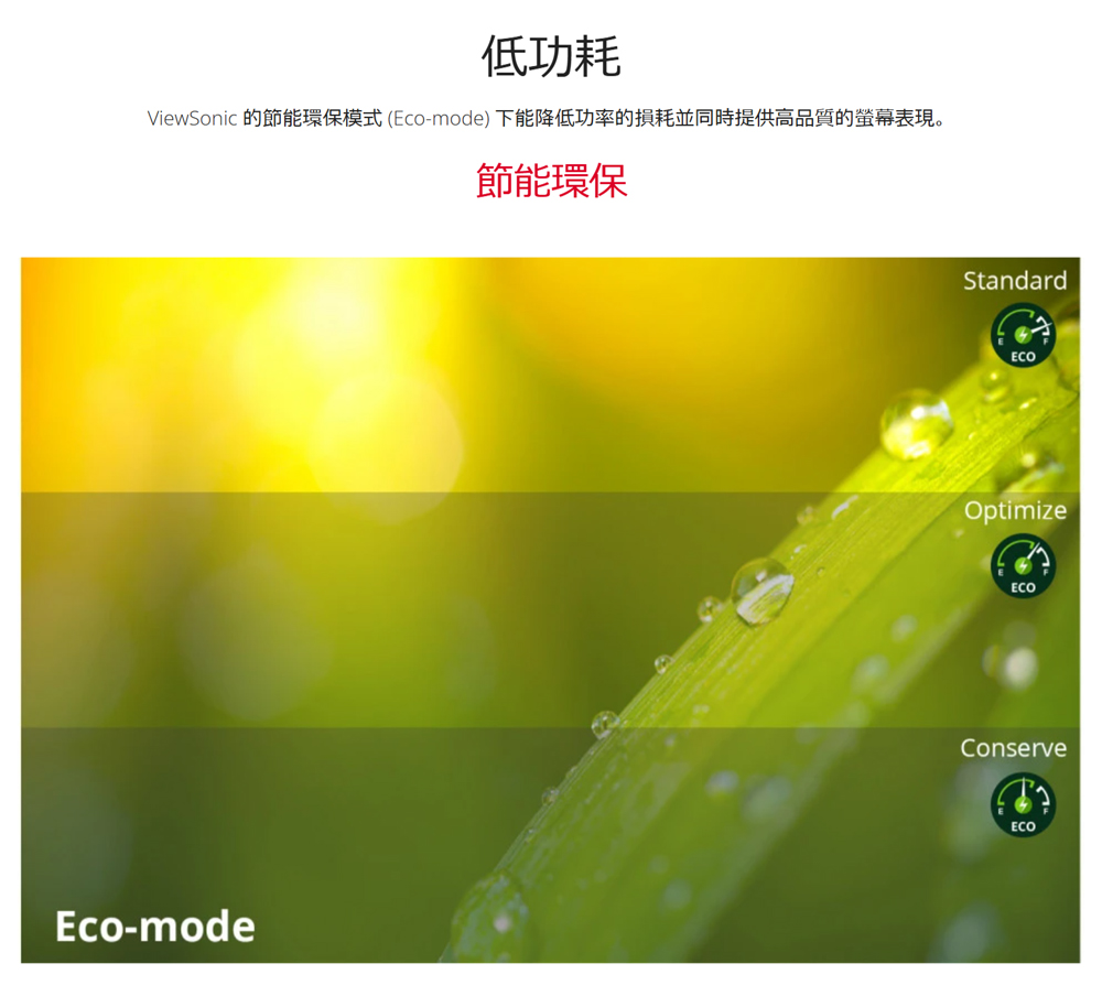 低功耗 ViewSonic 的節能環保模式Ecomode 下能降低功率的損耗並同時提供高品質的螢幕表現。 節能環保