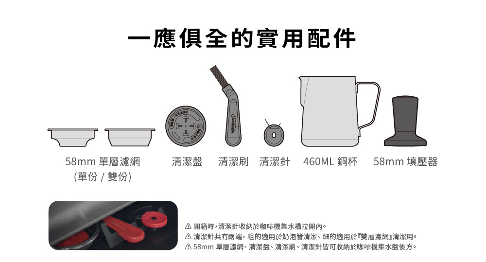 58mm 單層濾網、清潔盤、清潔刷、清潔針皆可收納於咖啡機集水盤後方。