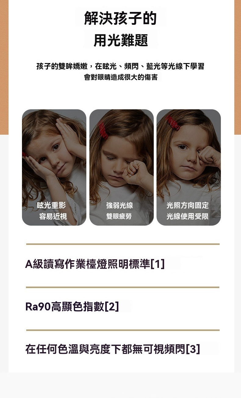 孩子的雙眸嬌嫩,在眩光、頻閃、藍光等光線下學習