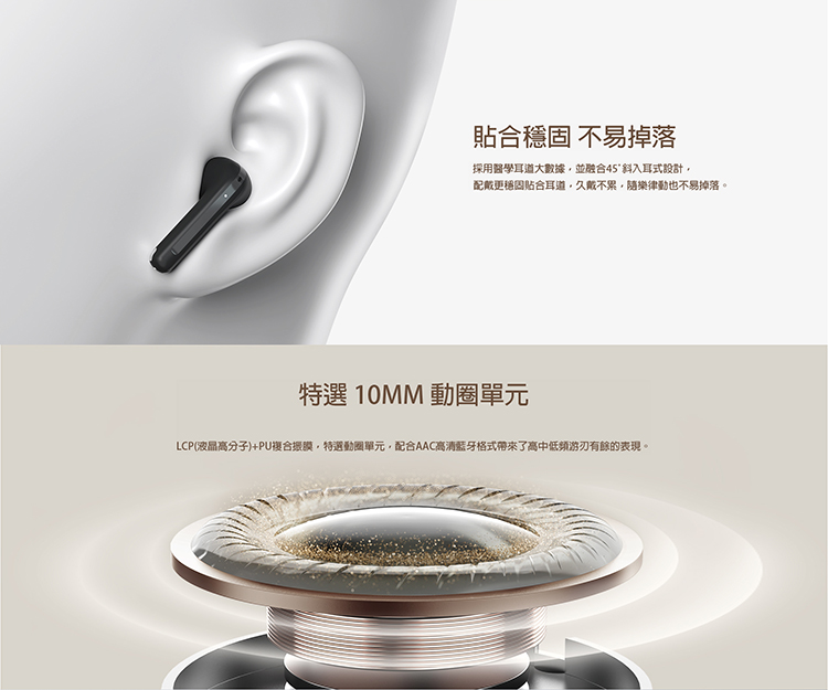 貼合穩固不易掉落 採用醫學耳道大數據,並融合45斜入耳式設計, 配戴更穩固貼合耳道,久戴不累,隨樂律動也不易掉落。 特選 10MM 動圈單元 LCP液晶高分子PU複合振膜,特選動圈單元,配合AAC高清蓝牙格式帶來了高中低频游刃有餘的表現。 